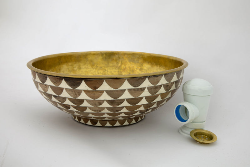 White And Brown Ceramic Vessel Sink , Golden Brass Sink Interior