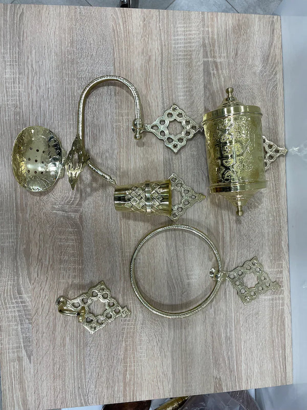 Bathroom accessories set, Brass Bathroom Accessories including brass bathroom shelf, brass soap dish, brass towel ring, and Wall toothbrush